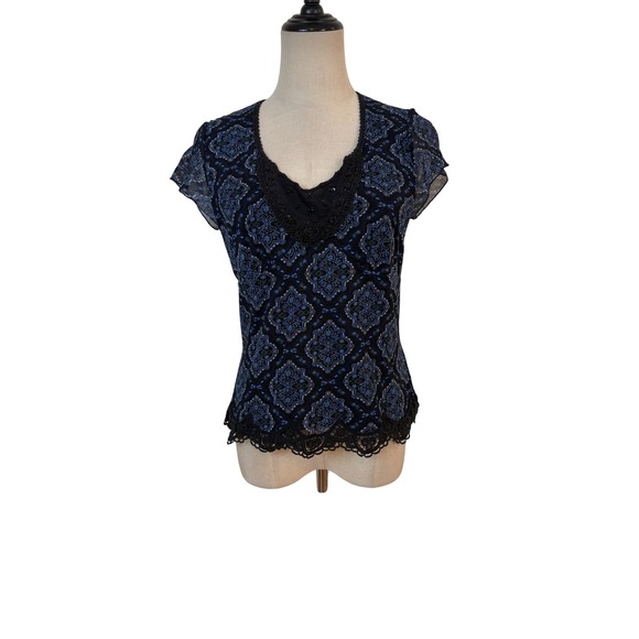 Apt. 9 Tops - Mesh top black blue crochet lace beaded Sz M boho grunge whimsigoth Y2K Romantic
